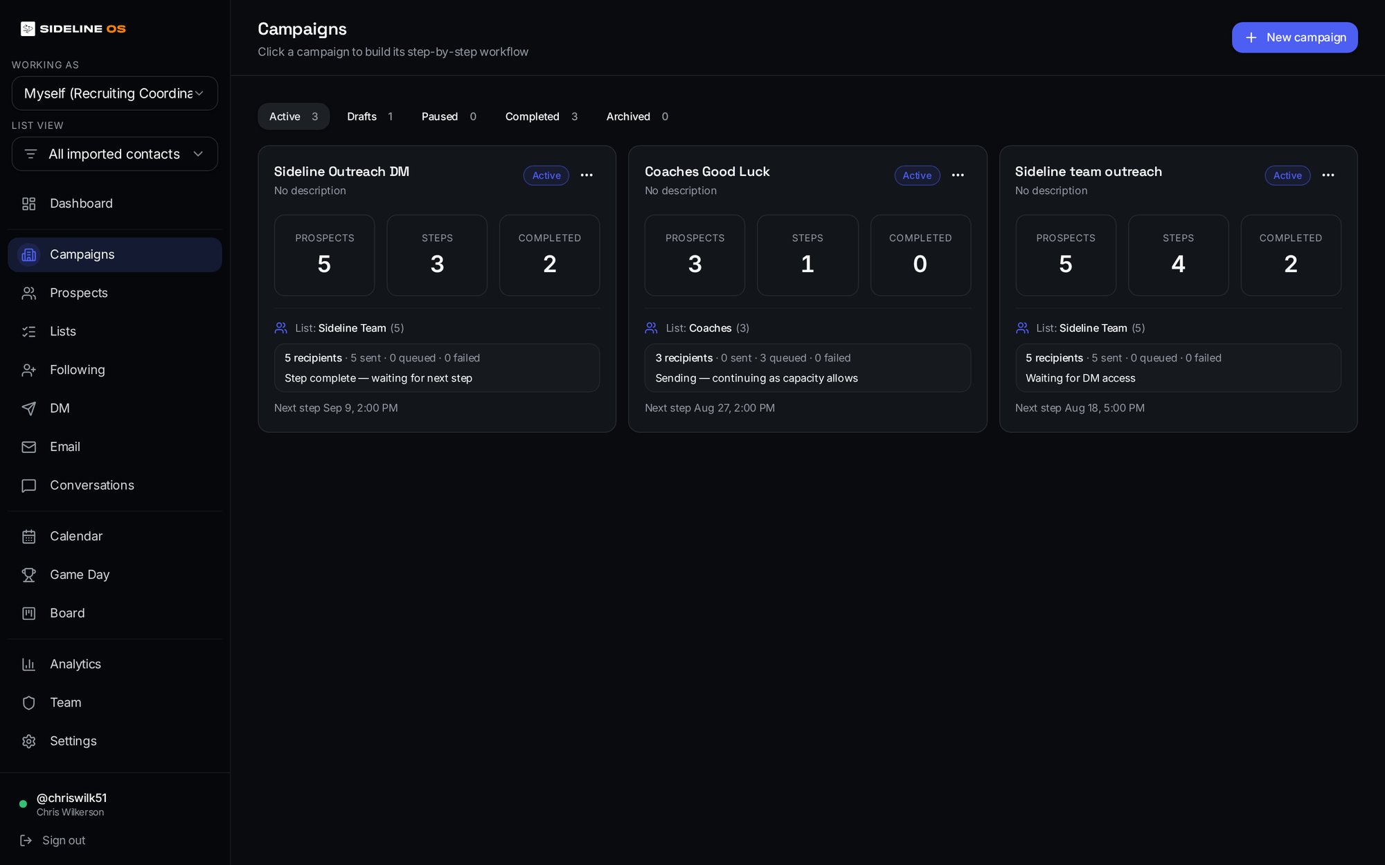 Sideline OS campaigns view showing active multi-step recruiting campaigns with recipients, steps and next send times