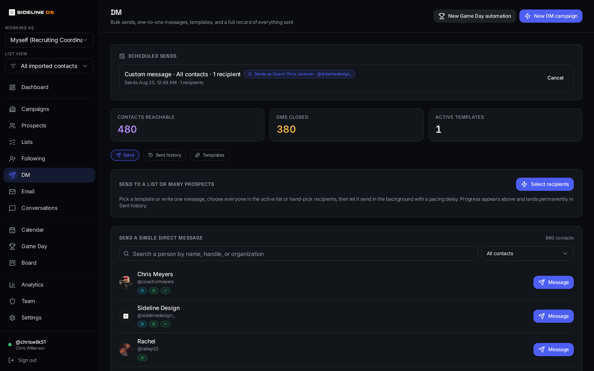 Sideline OS DM hub used to send and pace X direct messages