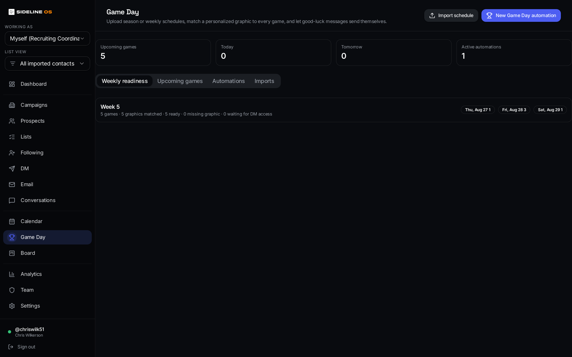 Sideline OS Game Day view listing upcoming recruit games, kickoff times and automation readiness