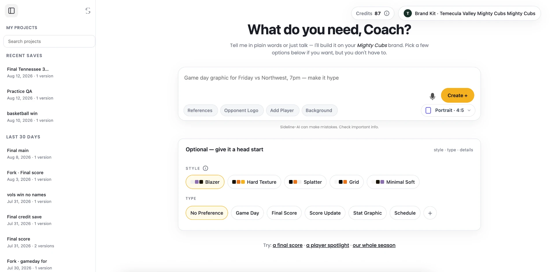 Sideline AI product interface used to produce program-branded recruiting creative